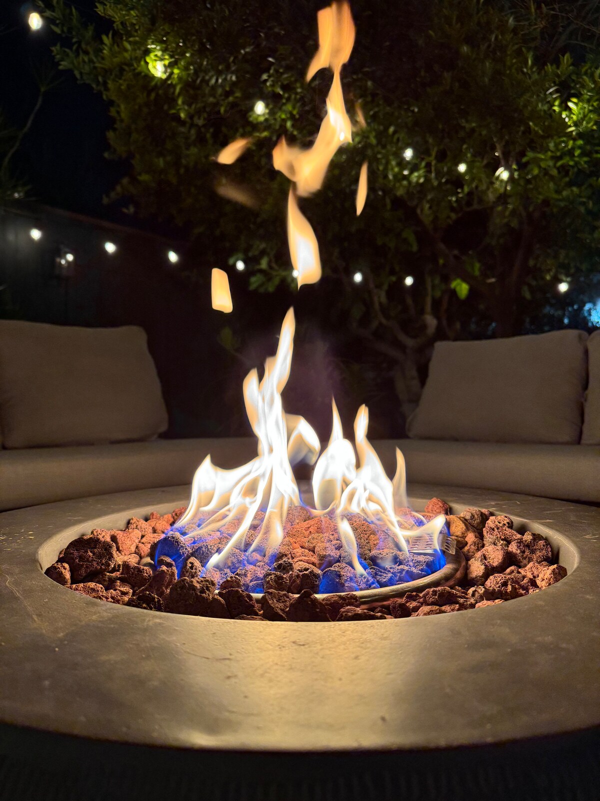 Flames over lava rock with string lights glowing in the tree above